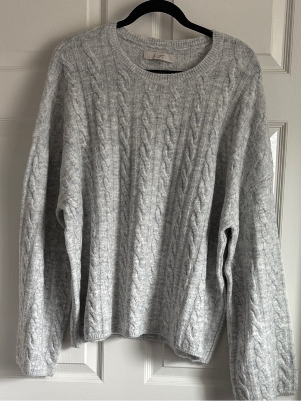 LOFT Heather Gray Cable Knit Crewneck Sweater